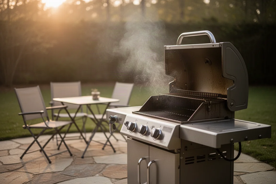 Achtertuin met terras en een gasbarbecue die klaar staat voor een weekend barbecue