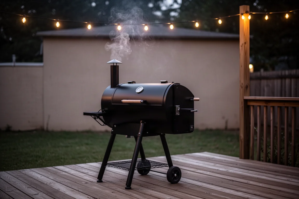 Pelletgrill rookt 's avonds op een terras met een warme gloed