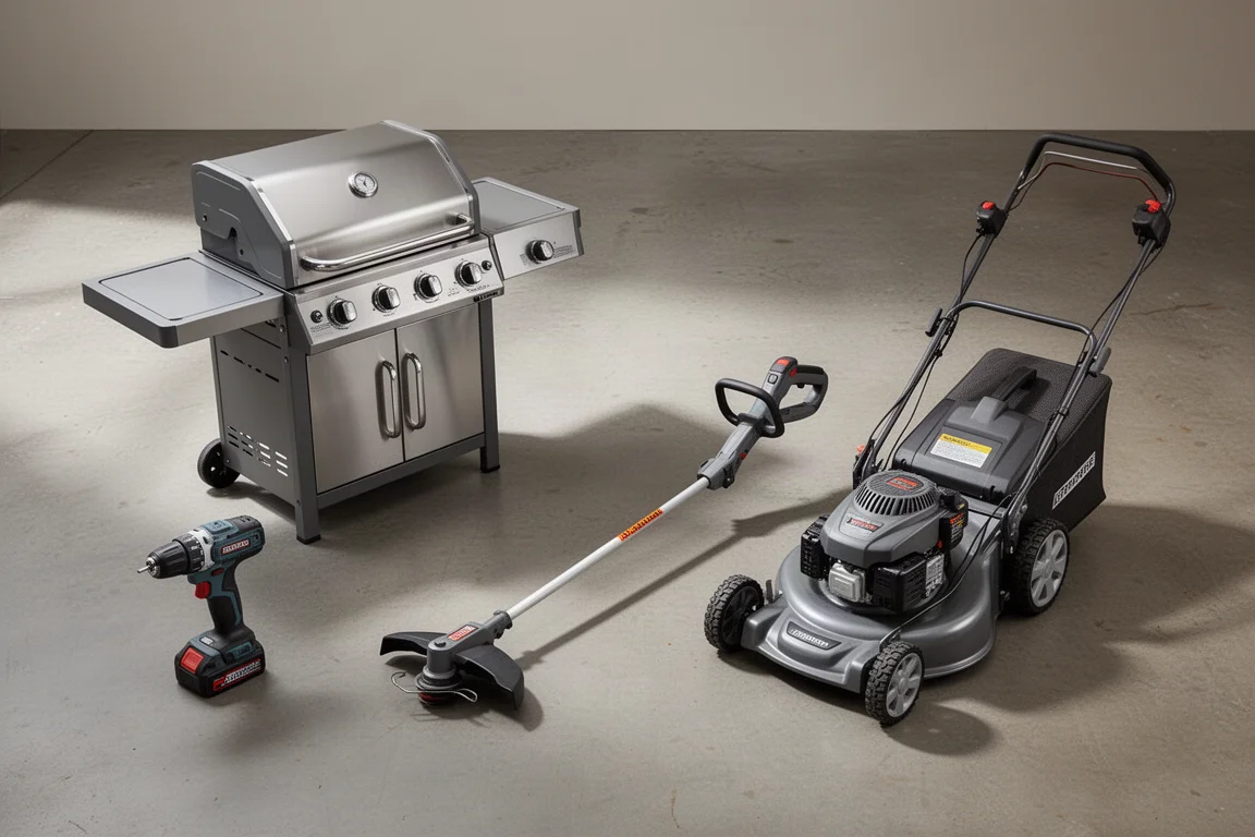 Gas grill, power tools, and lawn mower arranged on a concrete floor