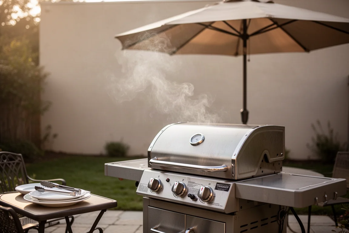 Patio trasero preparado para una parrillada de fin de semana con humo de la parrilla en luz suave