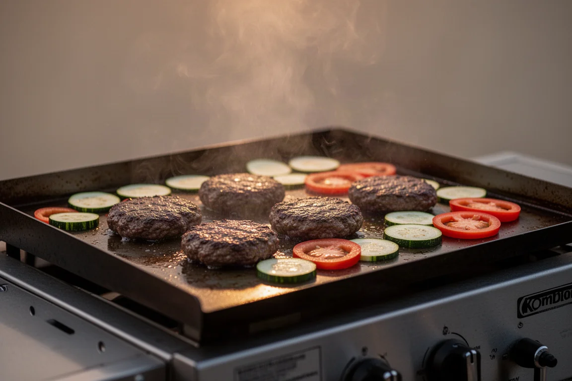Plancha plana cocinando hamburguesas y verduras al aire libre al atardecer
