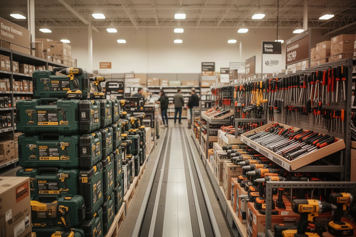 Présentation promotionnelle d'outils saisonniers dans un rayon de magasin de bricolage
