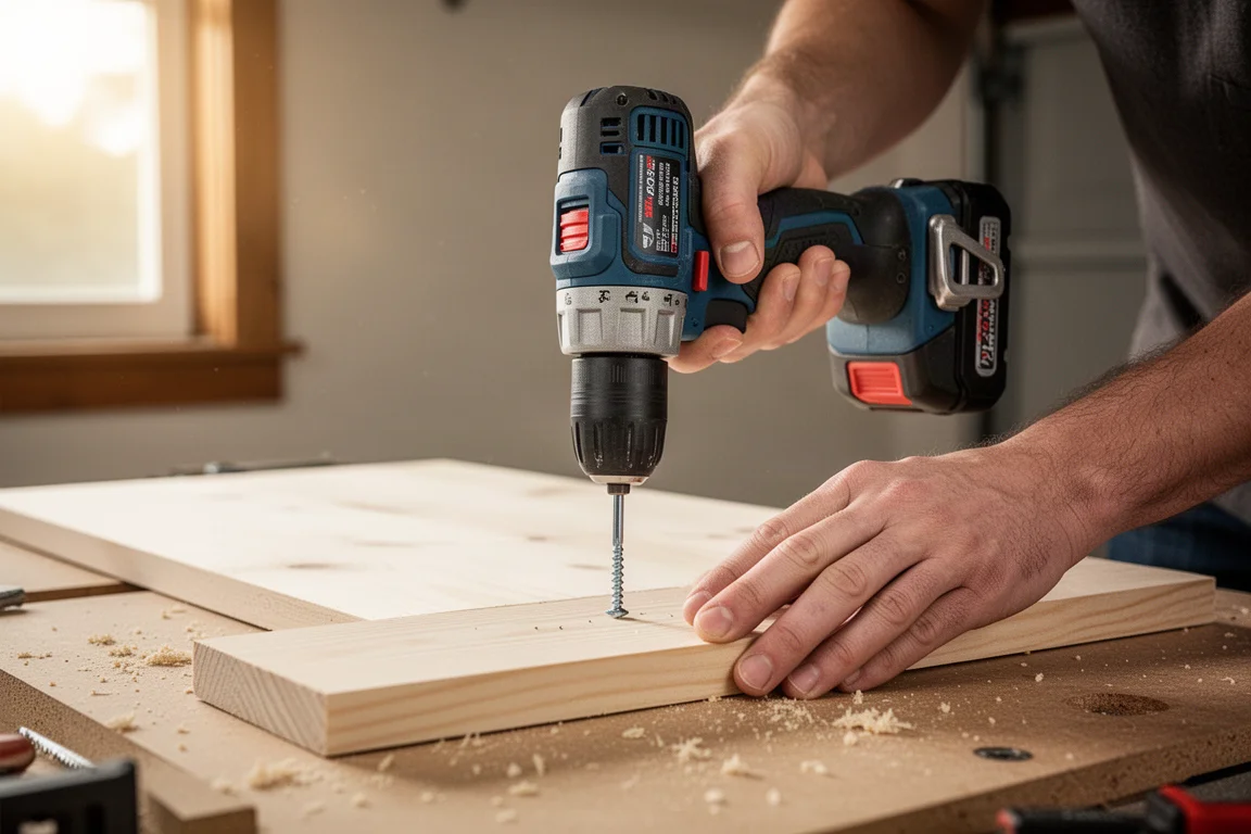 Perceuse sans fil compacte vissuant une vis dans une planche de bois dans un atelier de garage
