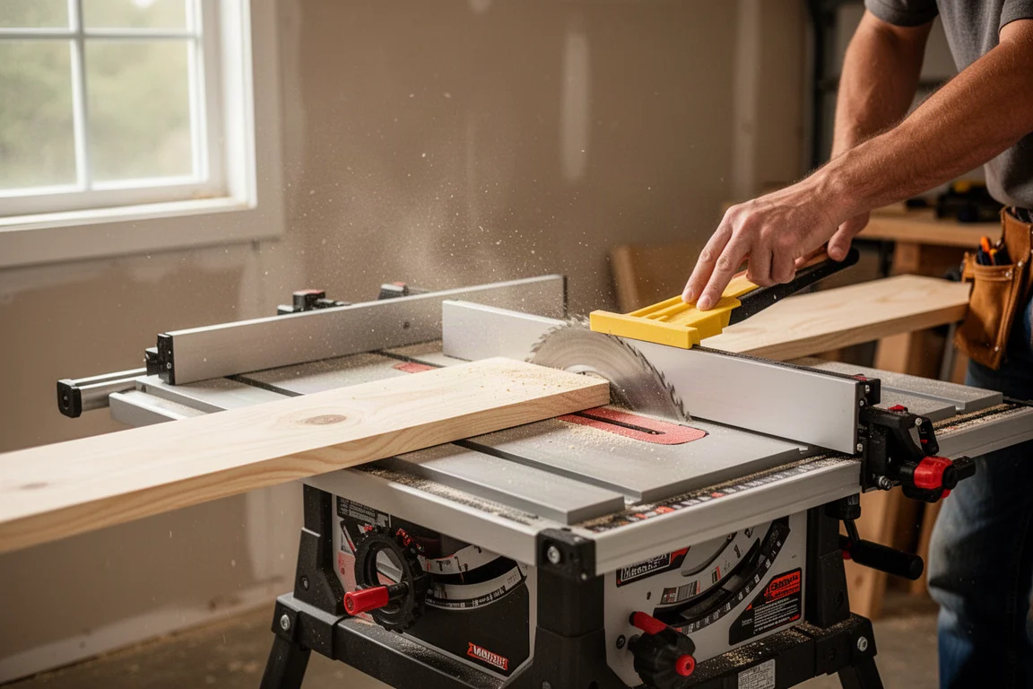 Scie à table de type chantier coupant une planche dans un atelier bien rangé