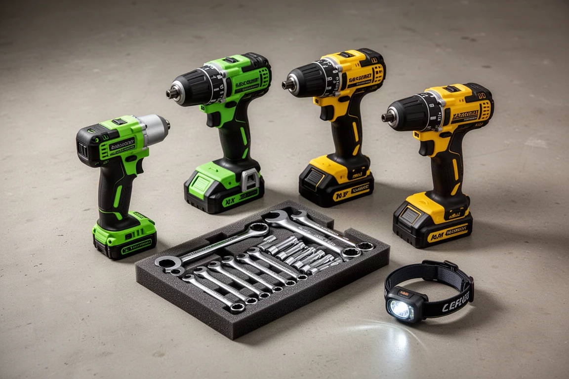 Flat-lay of cordless tool kits, wrench sets, and a headlamp on a concrete workshop floor