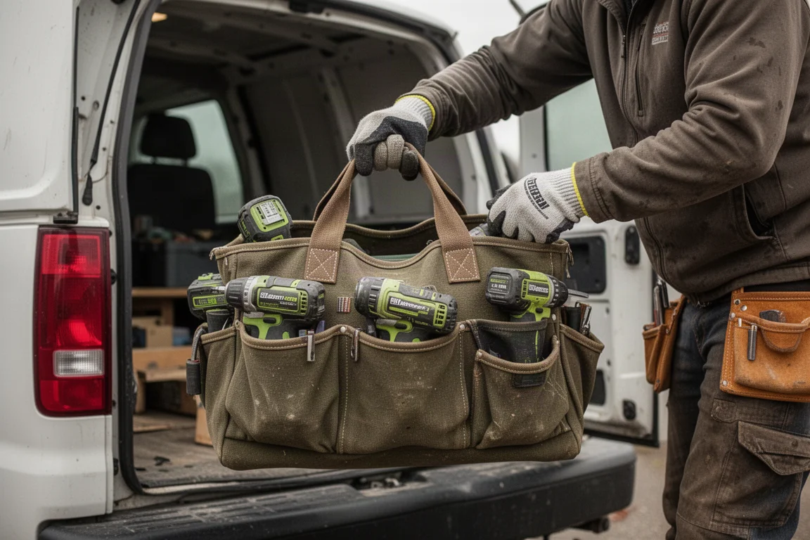 Handwerker verlädt eine Tasche mit Sechs-Werkzeuge-Kombiset in einen Transporter