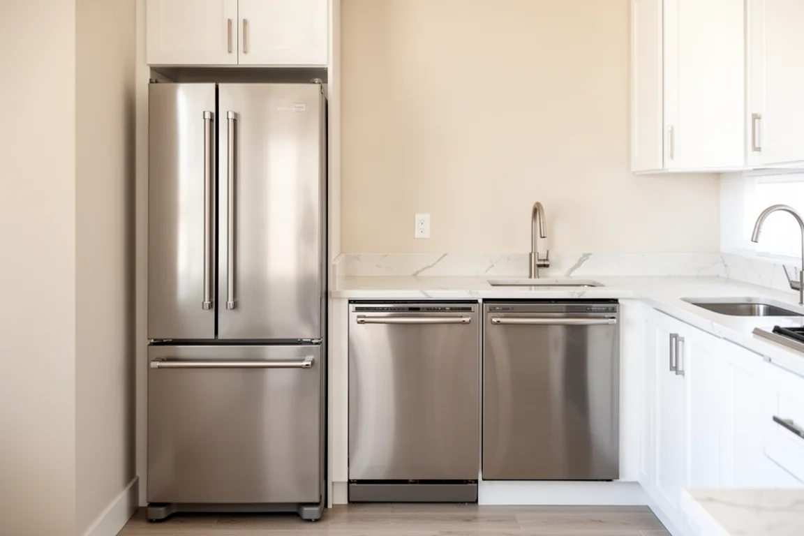 Moderne Küche mit installiertem Edelstahl-Kühlschrank und Geschirrspüler