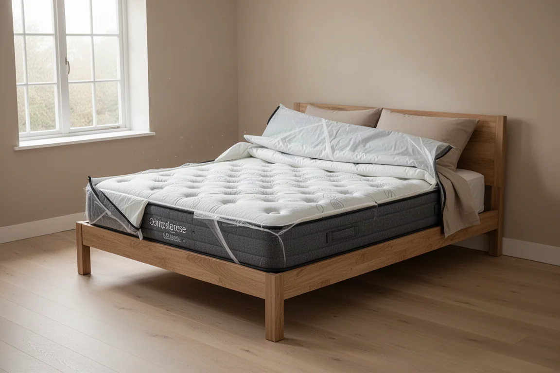 Hybride matras in een doos die wordt uitgepakt op de vloer van een slaapkamer bij daglicht