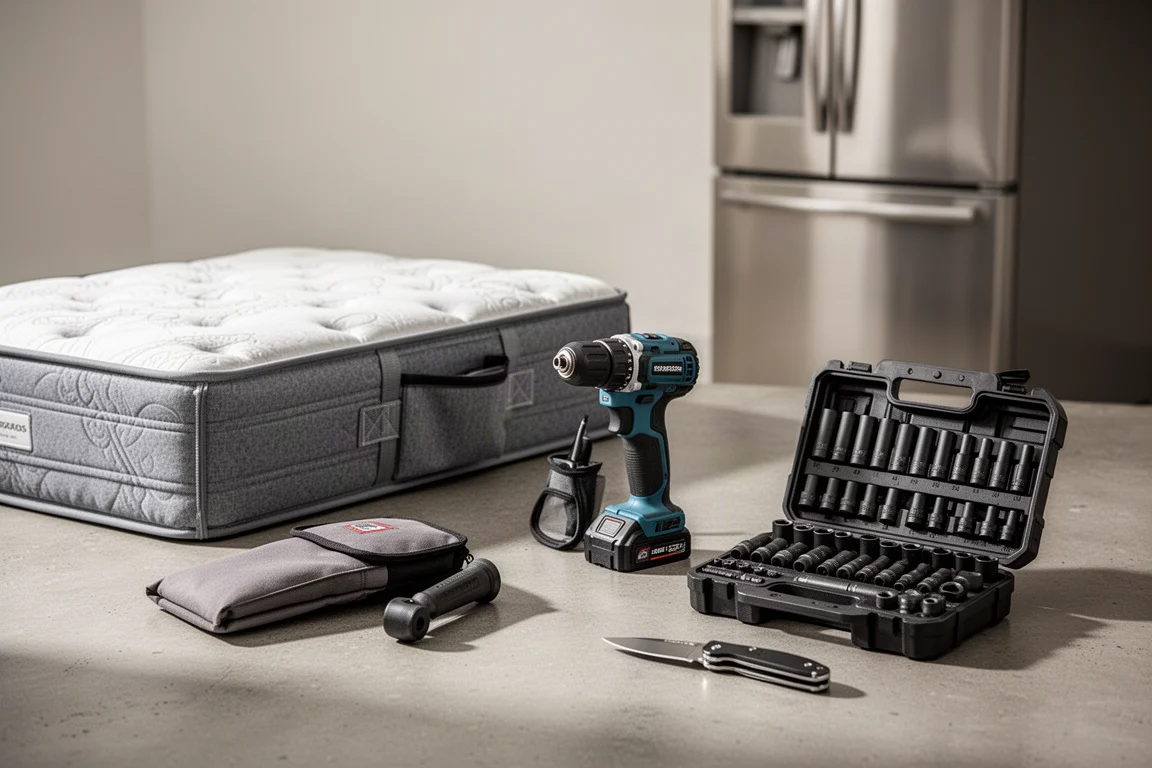 Assorted home and tool sale items arranged on a concrete surface including a mattress box, drill, socket set, and pocket knife
