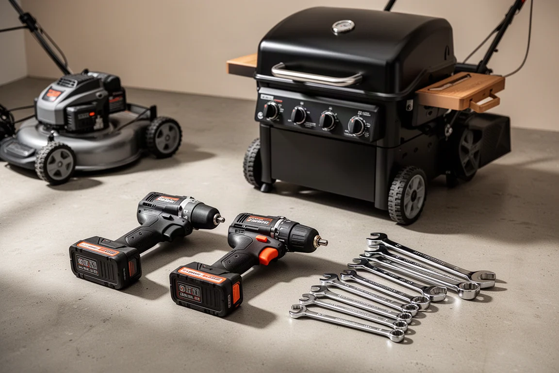 Grill, cordless mower, drill, impact driver, and wrench set arranged on concrete