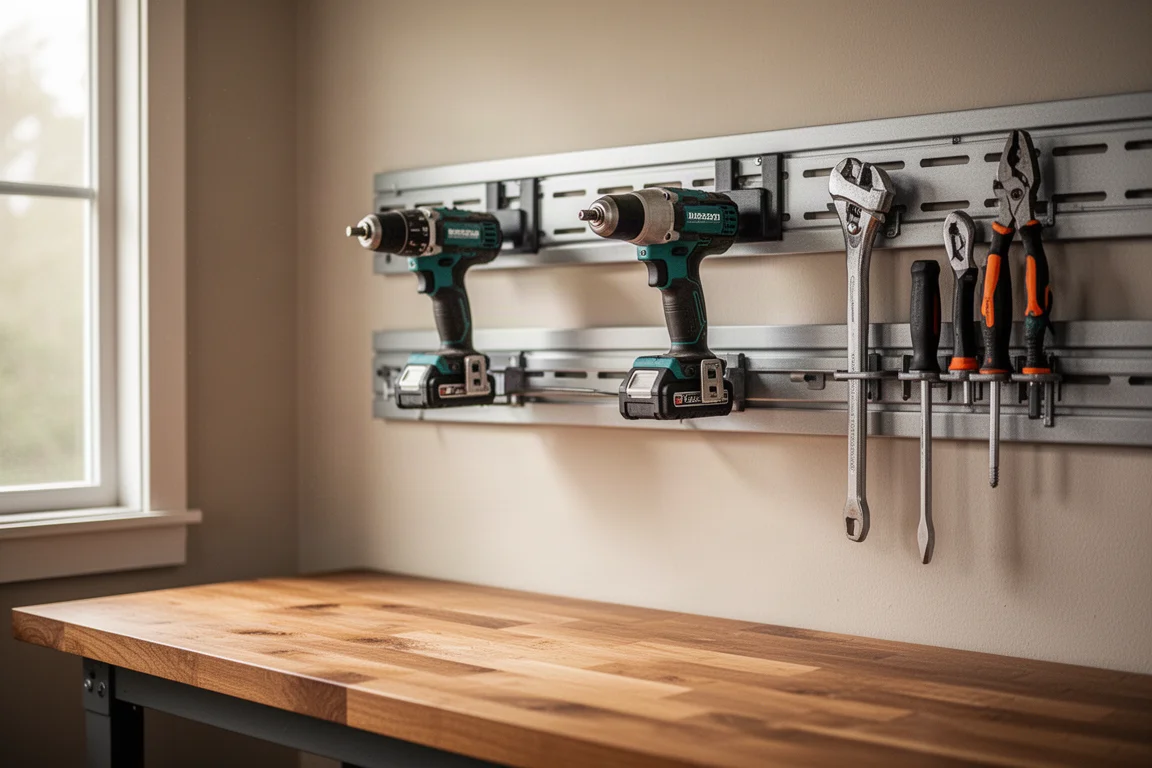 Garagenwand mit Schlitzschienen zur Werkzeugaufbewahrung, an denen eine Bohrmaschine und Handwerkzeuge hängen