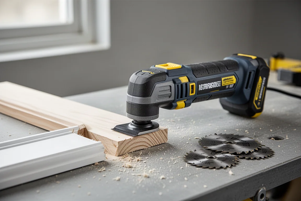 Akku-Multitool schneidet eine Leiste auf einer Werkbank