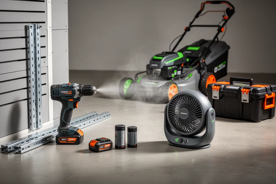 Cordless power tools, batteries, mower, and storage boxes arranged on a concrete garage floor