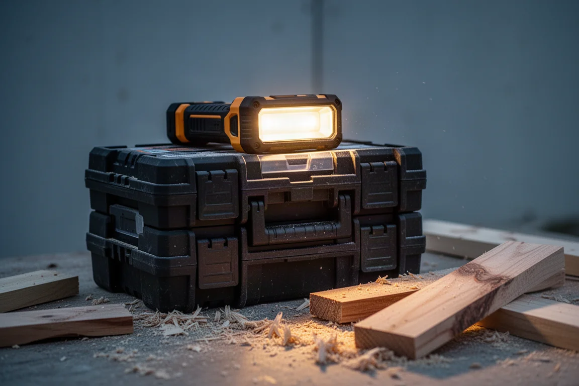 Job site with a cordless work light resting on stacked tool storage boxes