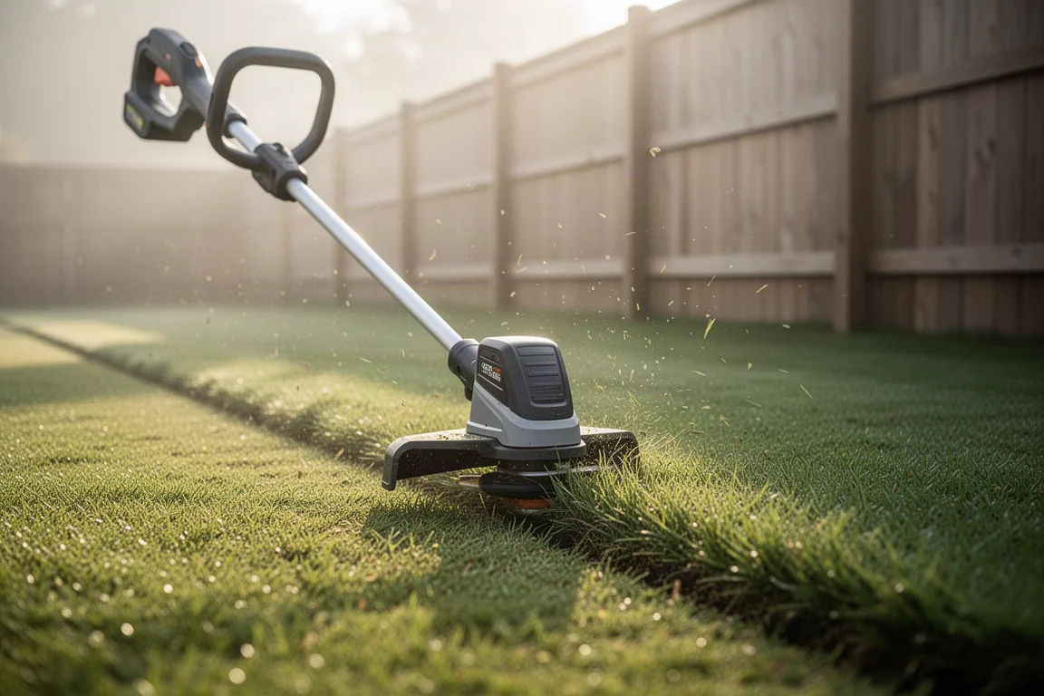 String trimmer cutting grass along a garden edge in soft morning light