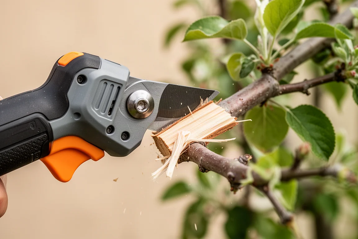 Cordless pruner making a clean cut on a small orchard branch