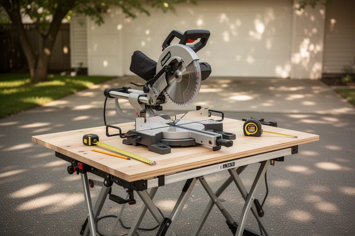 Portable workbench with a miter saw set up outdoors on a driveway