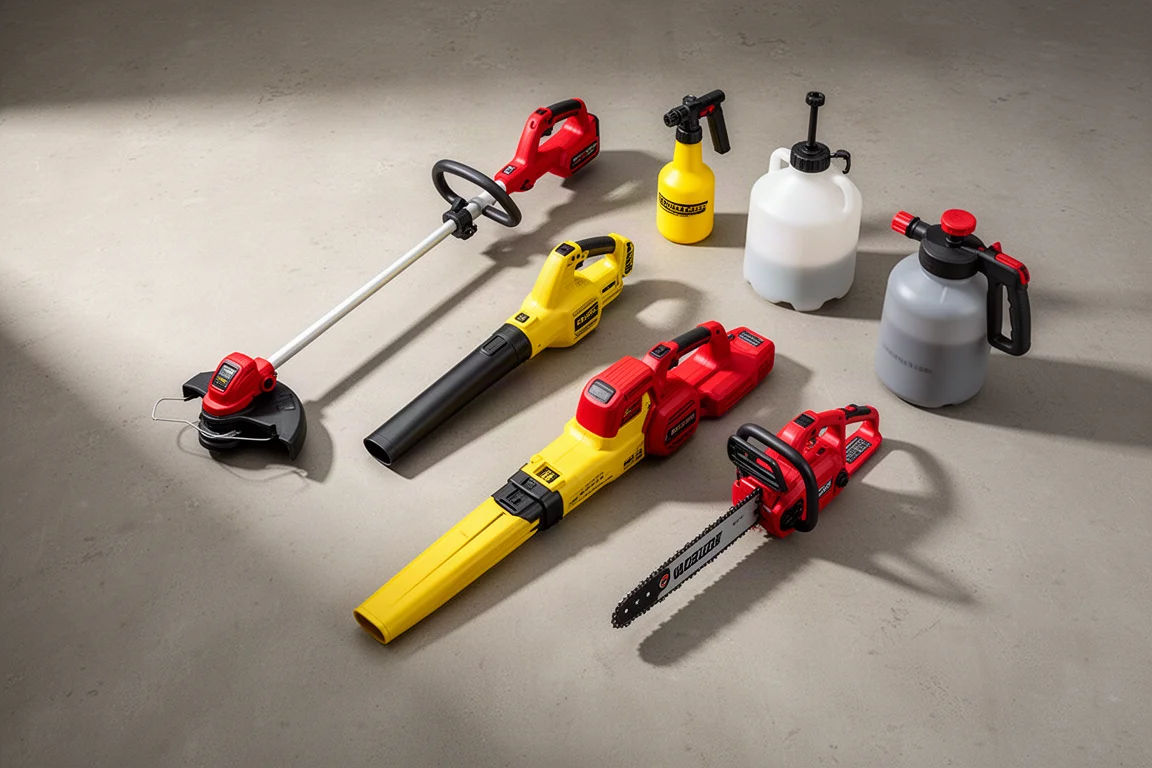 Assorted cordless yard and workshop tools arranged on a concrete surface