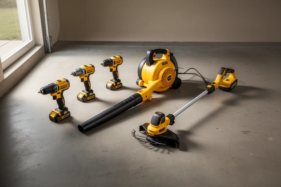 Cordless power tools and lawn equipment arranged on a concrete garage floor