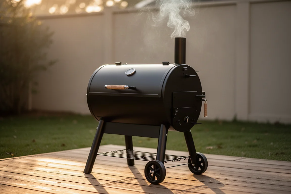 Pelletgrill raucht auf der Terrasse eines Hinterhofs im warmen Abendlicht