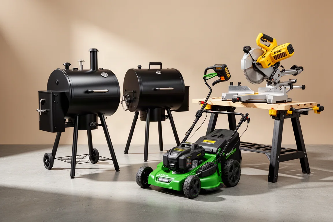 Pellet grill, cordless mower, and sliding miter saw arranged on a concrete surface
