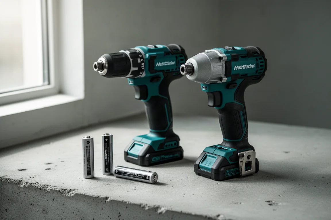 Trapano cordless e avvitatore a impulsi disposti con le batterie su una superficie in cemento