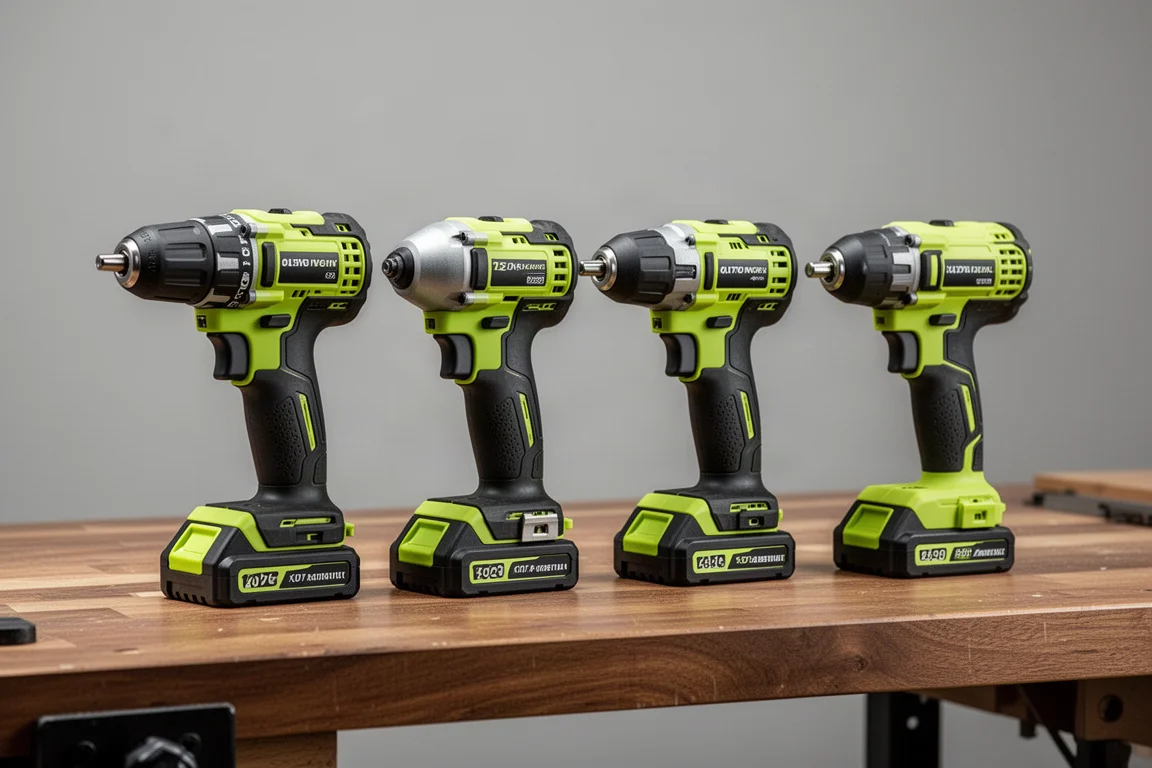 Quattro utensili elettrici cordless disposti come kit combo su una panca da officina