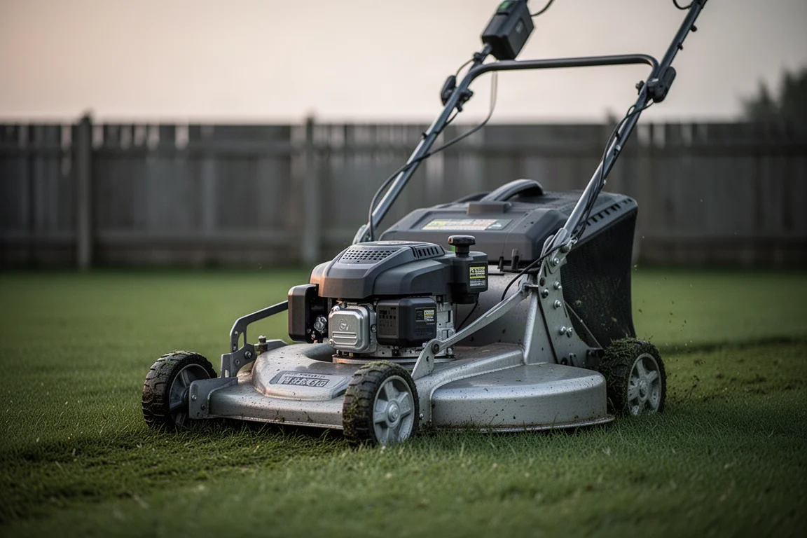 Rasaerba cordless autopropulso con carrello in metallo su un prato in ordine al tramonto