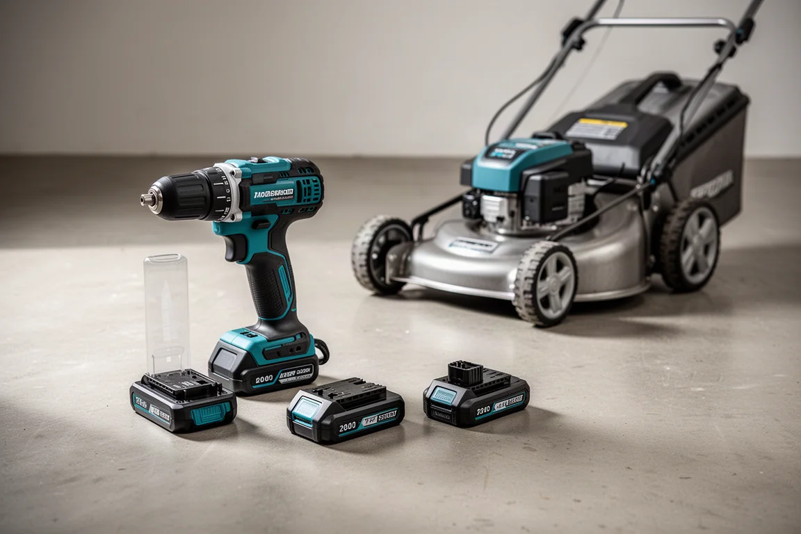 Cordless power tools and a cordless mower arranged on a concrete workshop floor