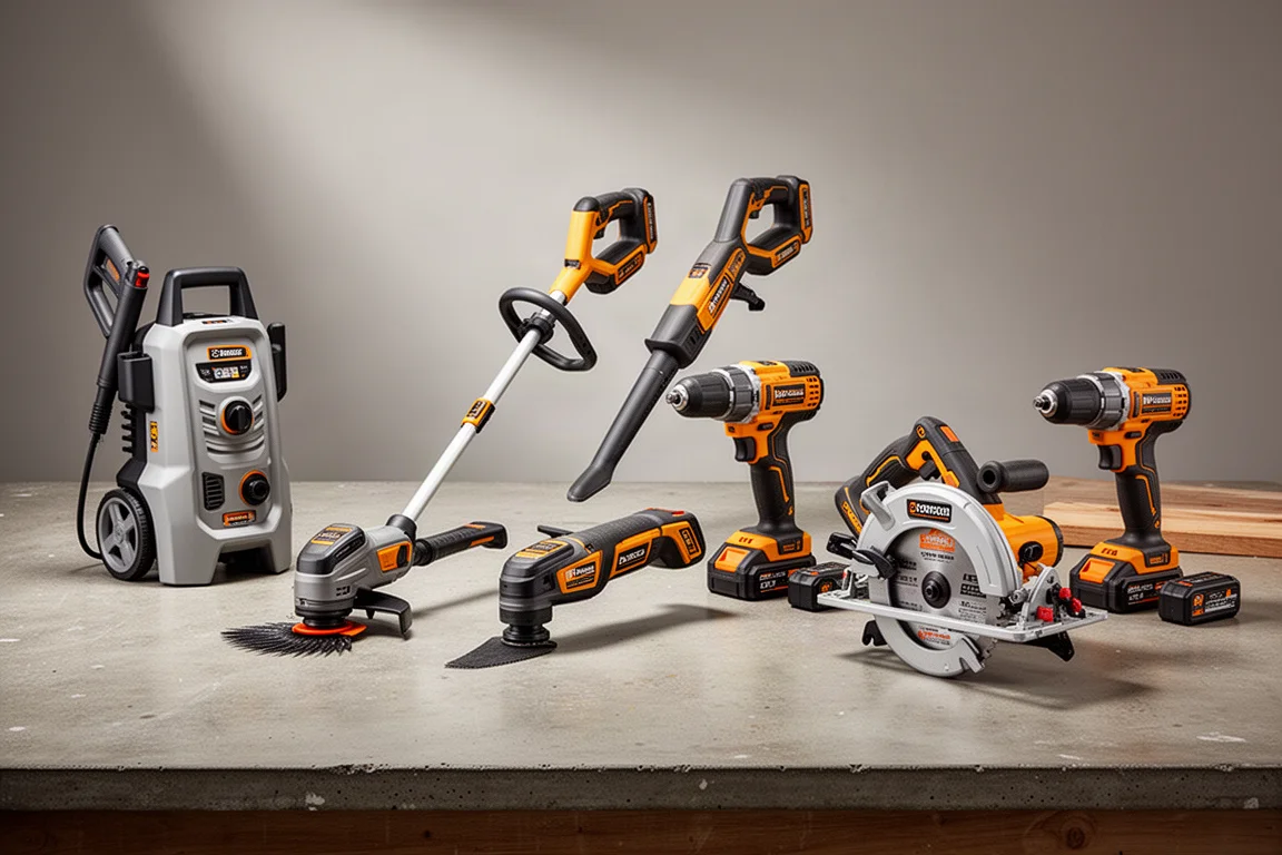 Assorted cordless power tools lined up on a concrete workshop surface