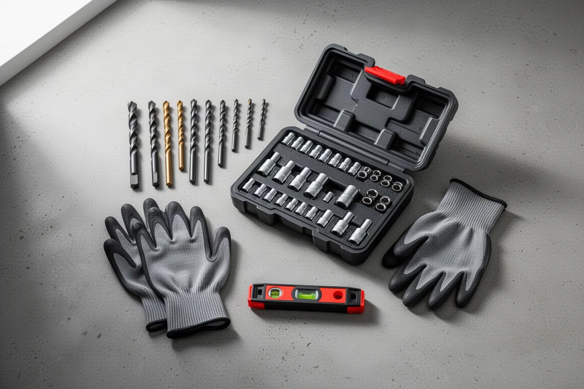 Cordless power tools and accessory packs arranged on a workbench
