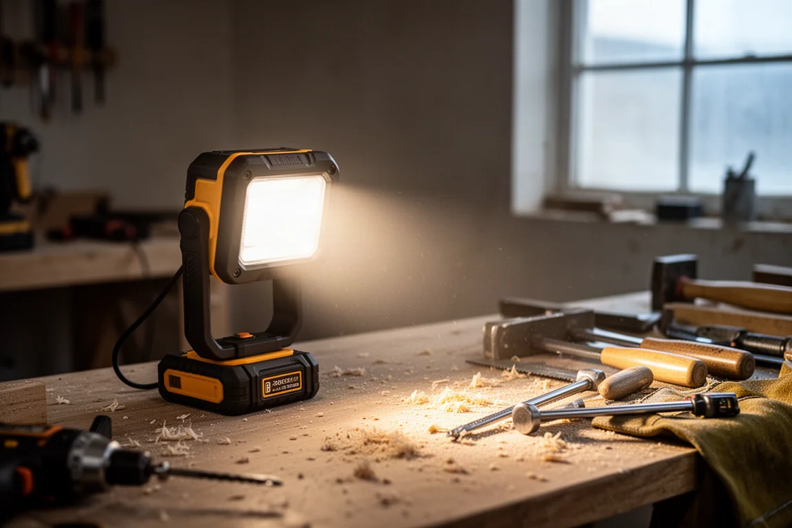 Portable work light casting a bright beam across a dim workshop