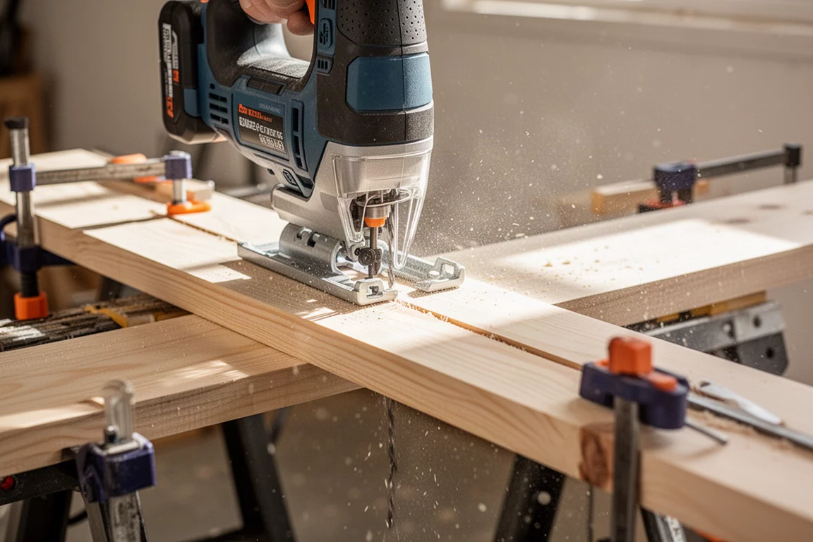 Cordless jigsaw cutting through a board in a bright workshop