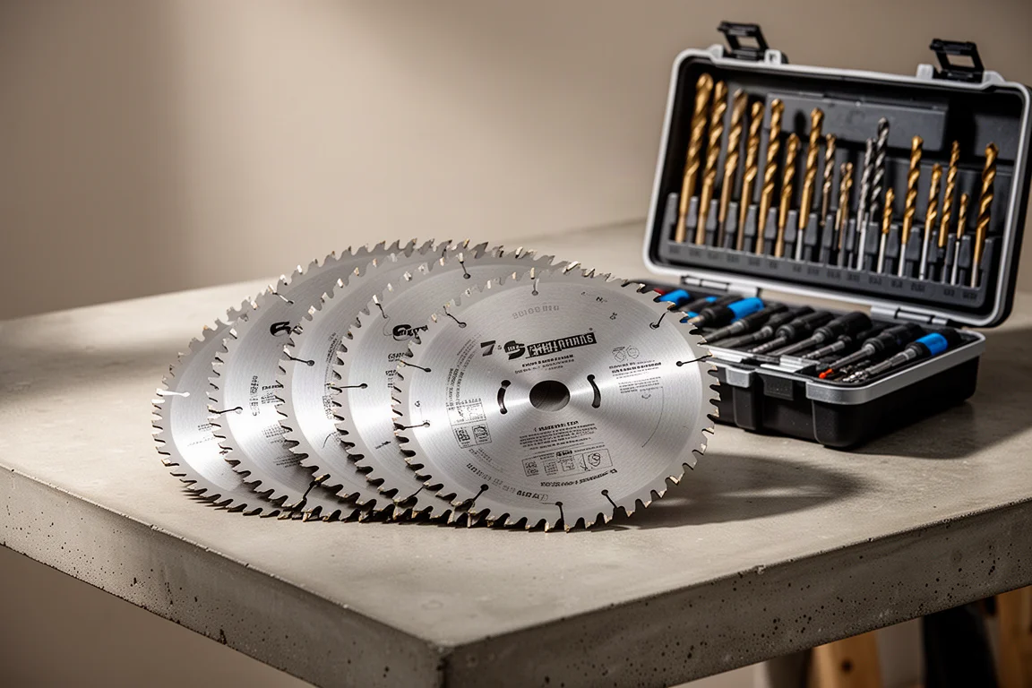 Saw blades and drill bit set laid out on a concrete workshop bench