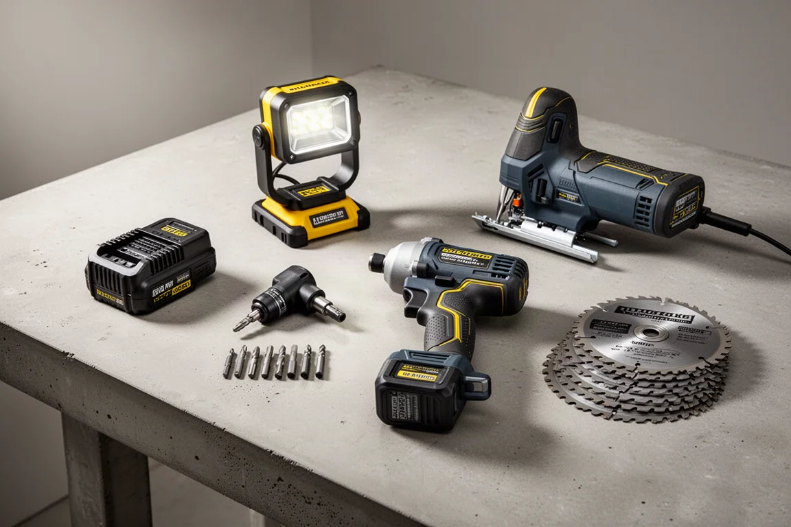 Assortment of cordless power tools and accessories on a concrete workbench