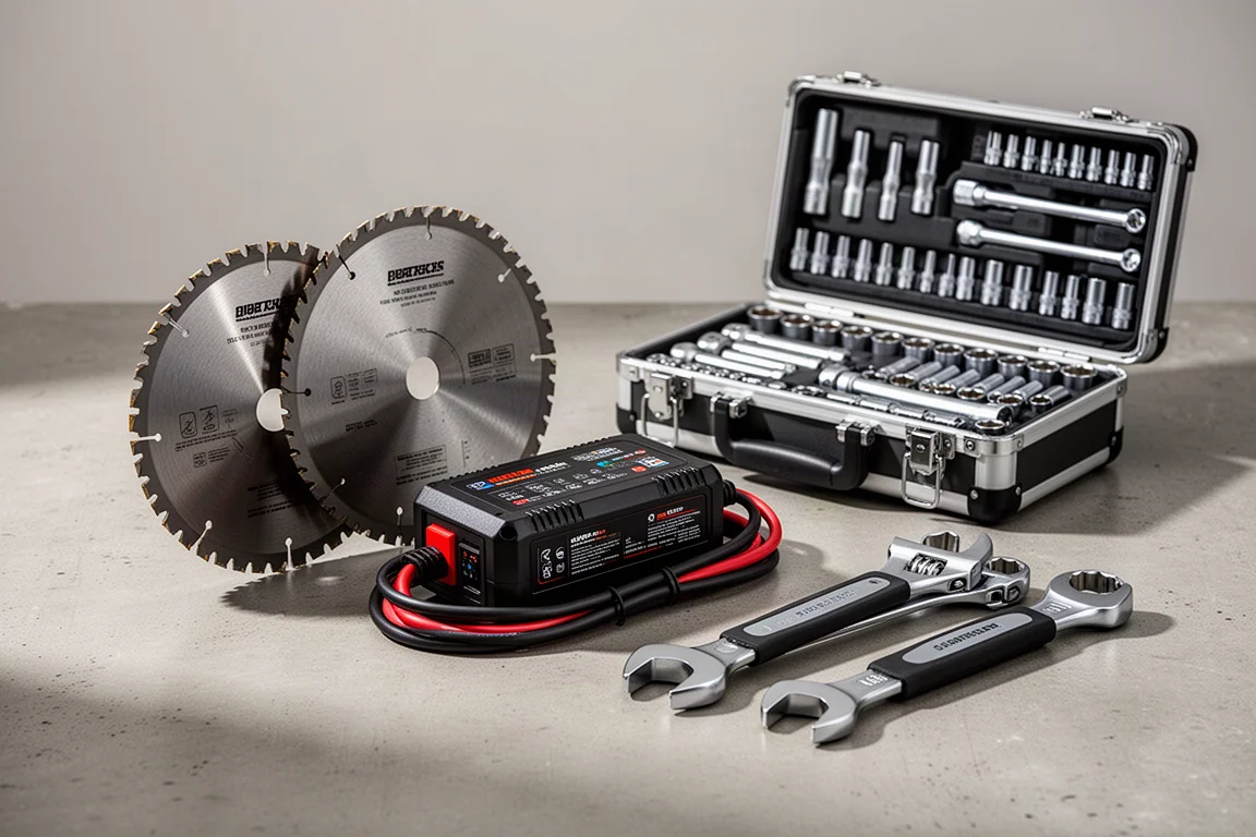 Circular saw blades, jump starter, tool set case, and adjustable wrenches arranged on concrete
