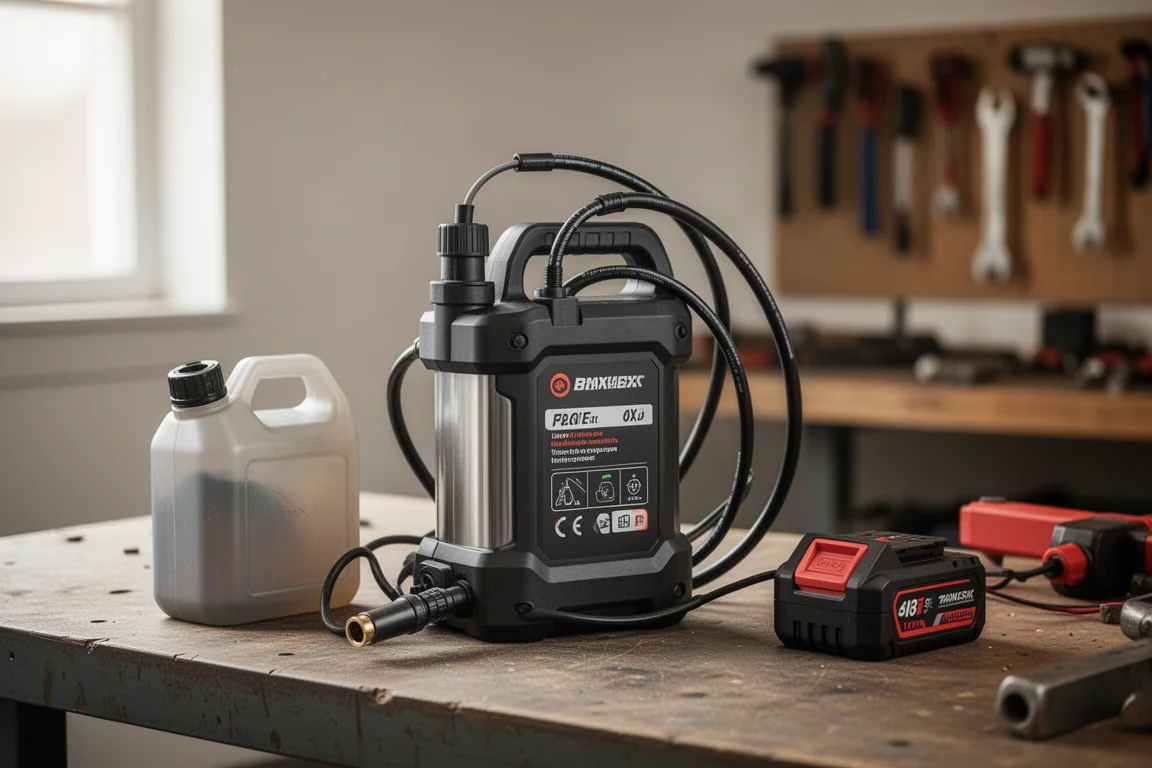 Piccola pompa di trasferimento a batteria con tubi flessibili sul pavimento dell'officina