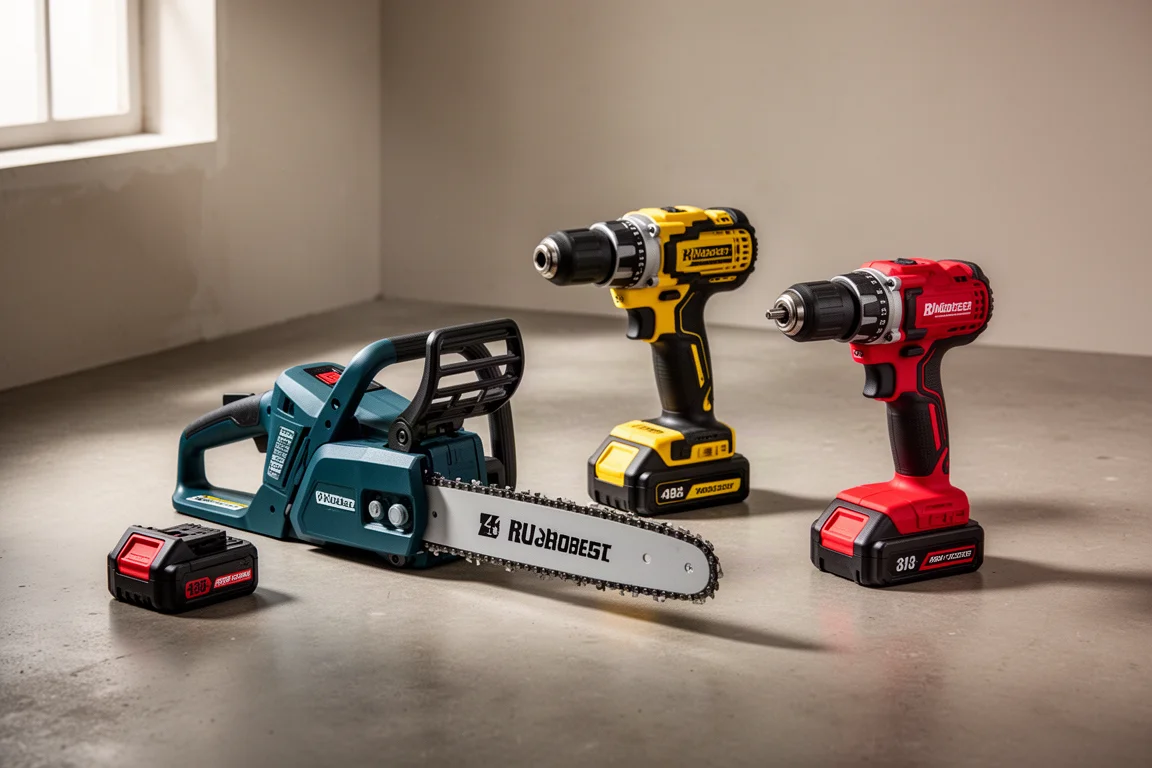 Cordless chainsaw, drill, and hammer drill arranged on a concrete workshop floor