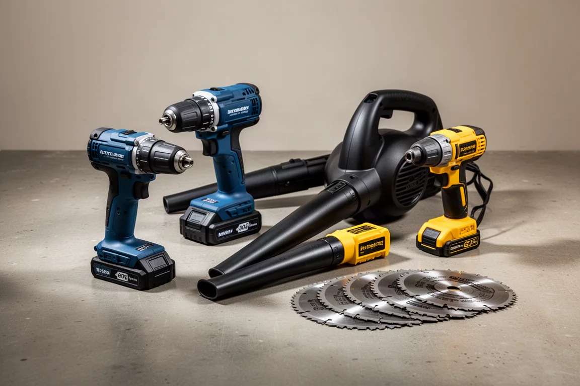 Assorted cordless power tools including a drill kit, blower, impact driver, and saw blades on concrete