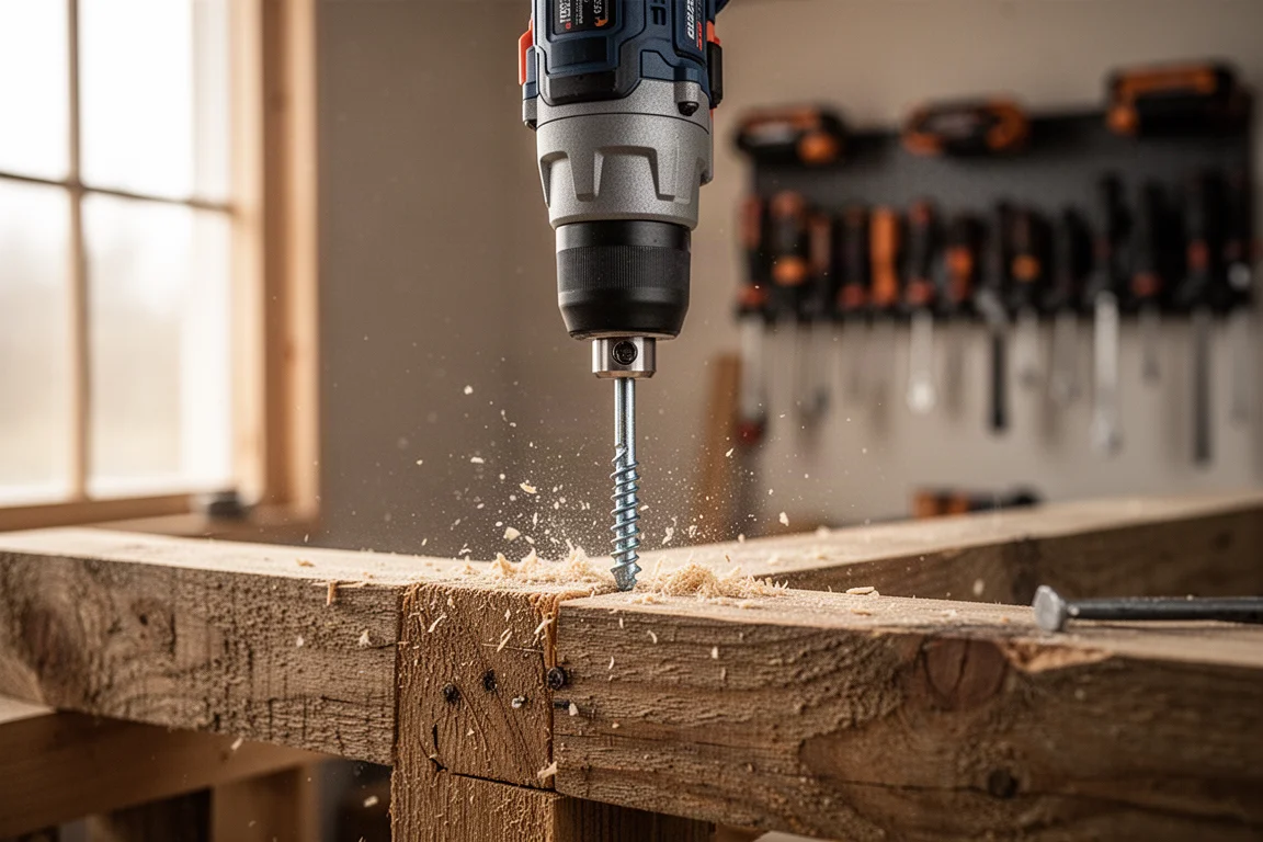 Kompakter akkubetriebener Schlagschrauber treibt ein Befestigungselement in einen Balken