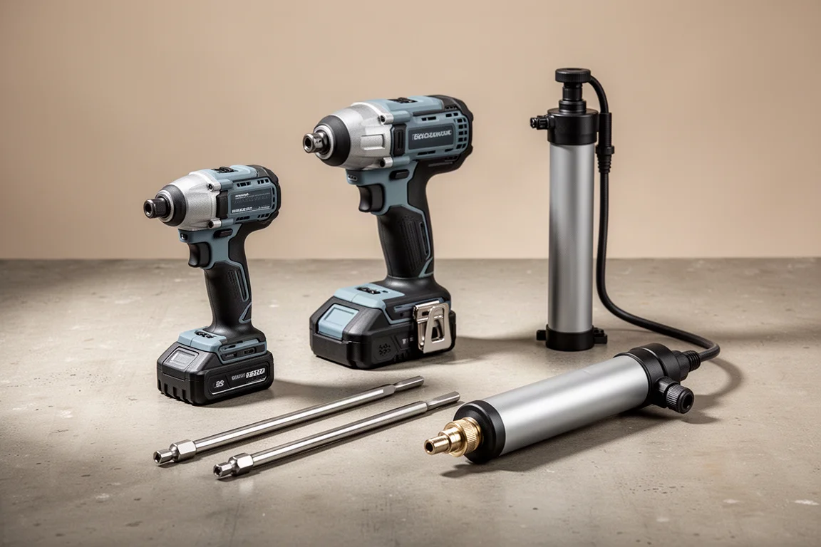 Compact impact driver, extension bits, and transfer pump arranged on concrete