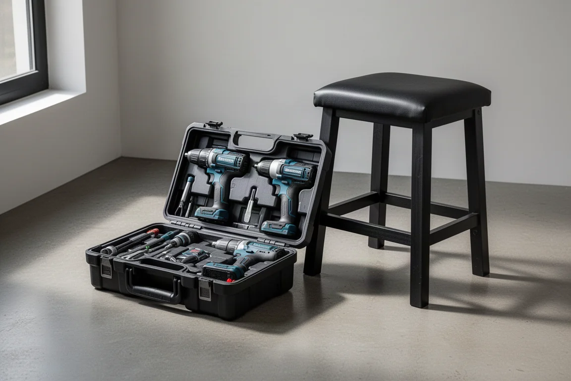 Makita drill and impact kit beside a black padded shop stool on concrete