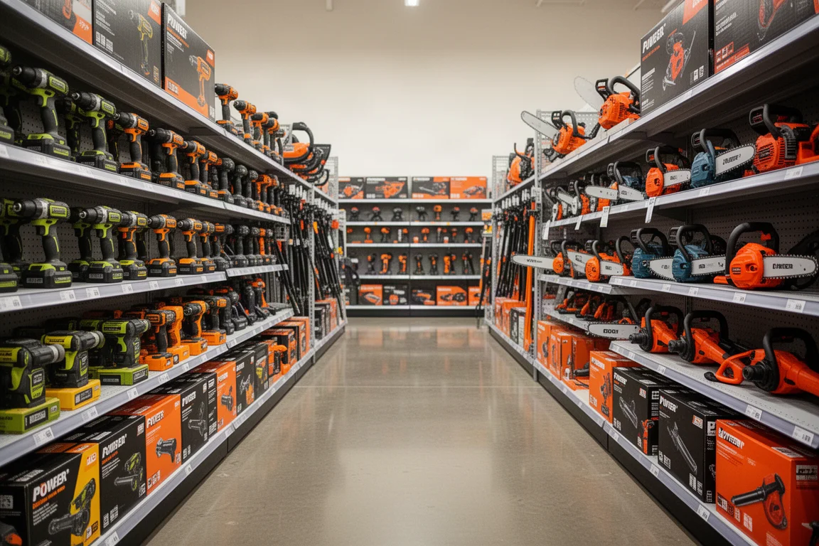 Rayon d'outillage électrique d'un magasin de bricolage avec des outils sans fil présentés sur les étagères