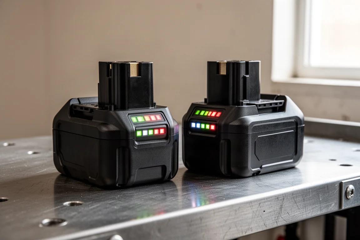 Gros plan sur deux grandes batteries d'outils électriques sans fil posées sur un établi