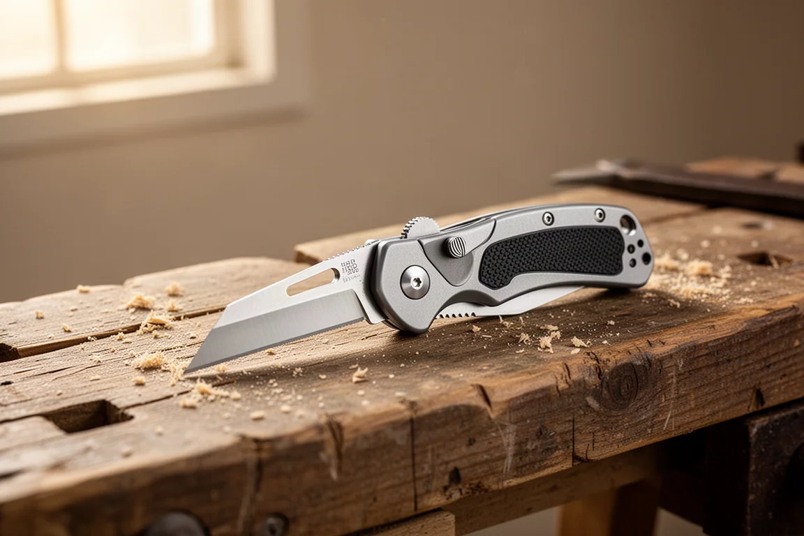 Couteau utilitaire pliant compact ouvert sur un établi en bois