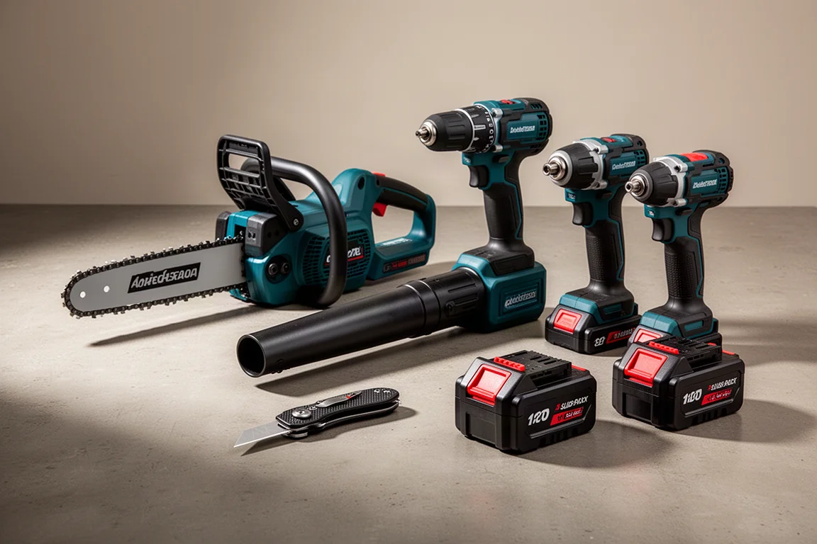 Assortment of cordless power tools arranged on a concrete floor