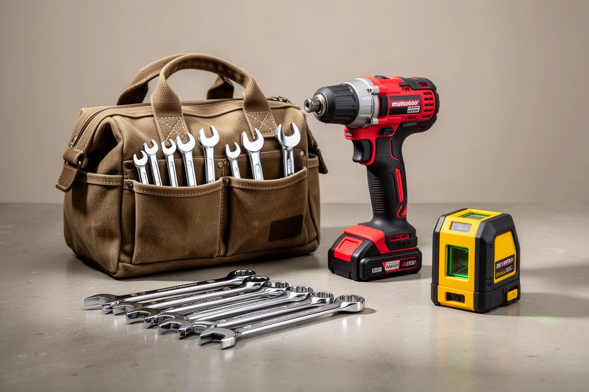 Assortment of cordless power tools arranged on a concrete workshop floor