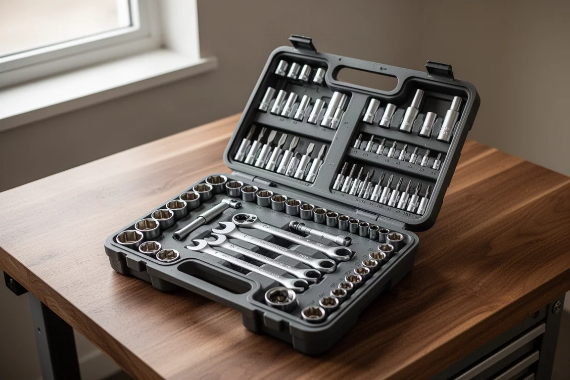 Open mechanics tool set drawer with sockets and wrenches neatly organized