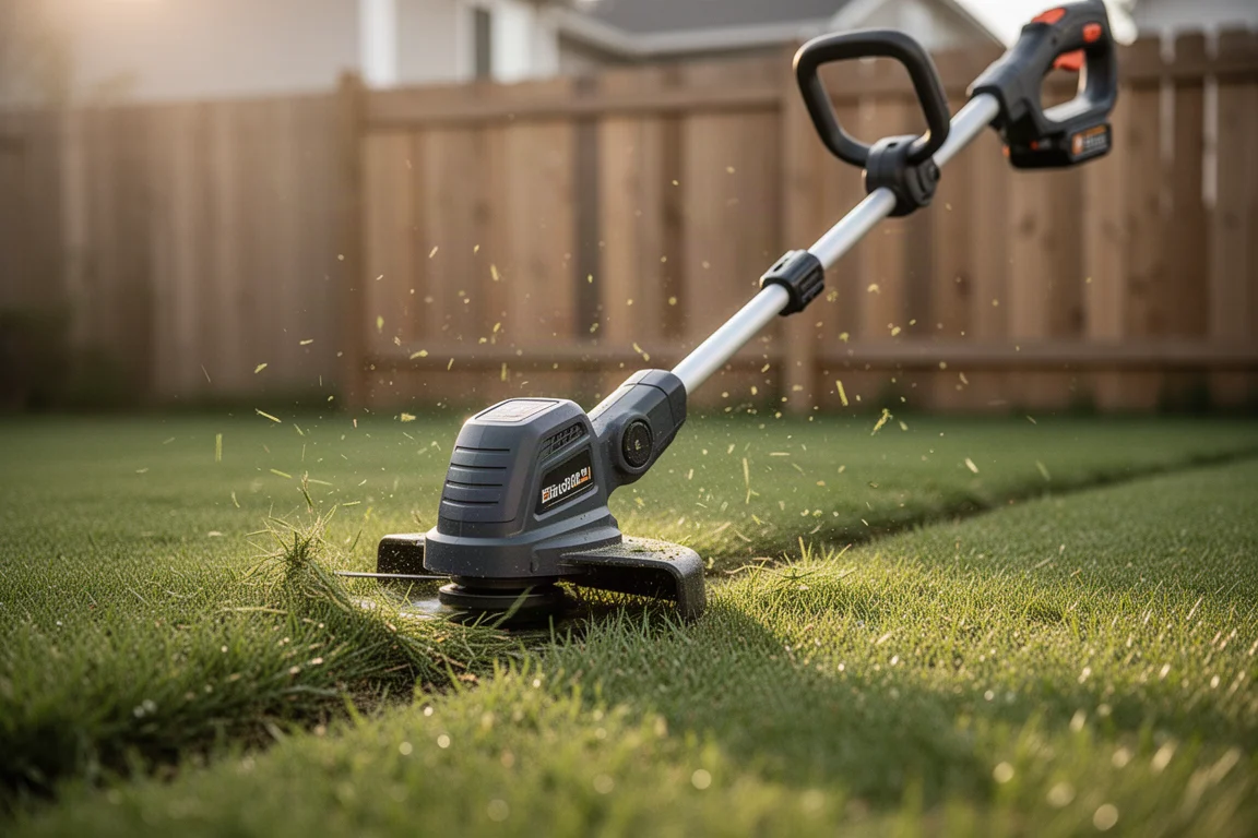 Cordless string trimmer trimming lawn edges in a residential yard
