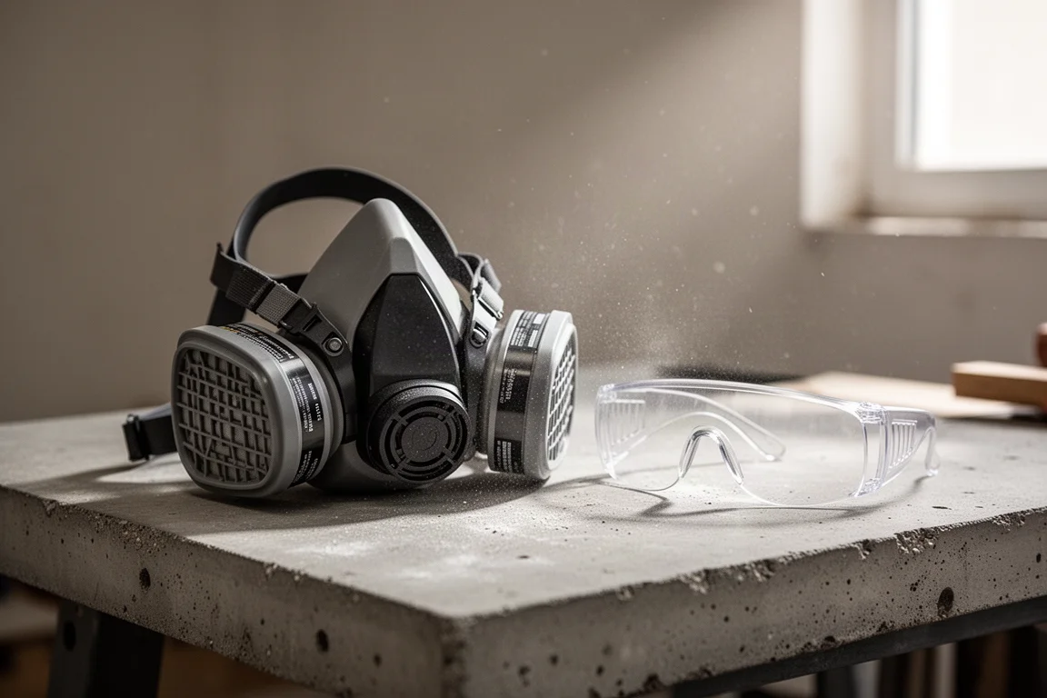 Workshop respirator resting on a workbench beside safety glasses